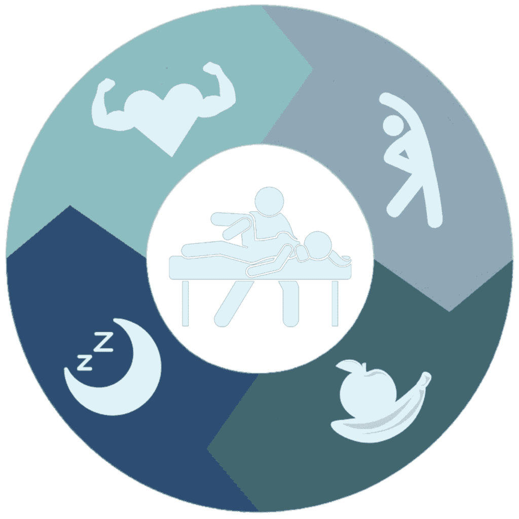 wellness wheel highlighting exercise, nutrition, sleep, and therapy