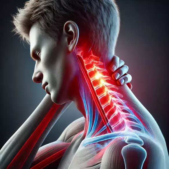 Intense neck pain highlighting discomfort in the cervical spine.